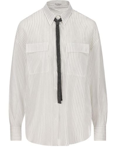 Brunello Cucinelli Long Sleeved Striped Tied Shirt - White