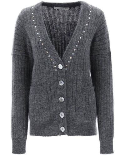 Alessandra Rich Cardigan With Studs And Crystals - Gray