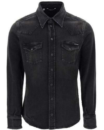 Dolce & Gabbana Distressed Denim Western Shirt - Black