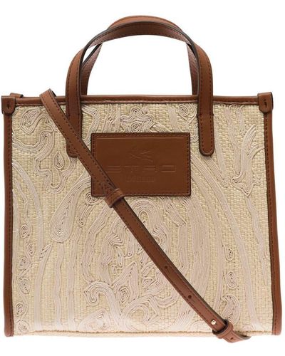 Etro 'globtter' Beige Shopper Bag With Shoulder Strap And Paisley Motif Embroidery In Raffia And Leather Woman - Brown