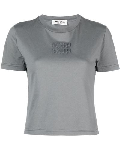 Miu Miu Logo-embossed Cotton Cropped T-shirt - Gray