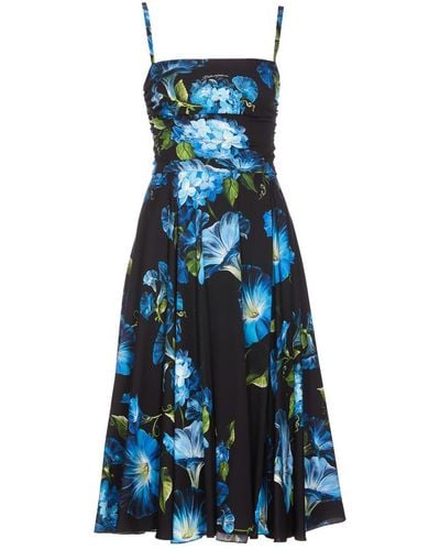 Dolce & Gabbana Flower Print Silk Midi Dress - Blue