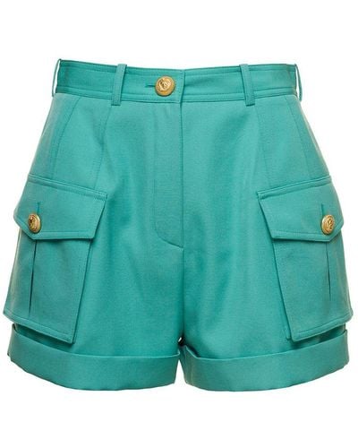 Balmain Light Shorts With Cuff And Jewel Buttons - Green
