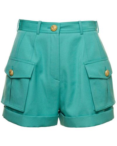 Balmain Light Shorts With Cuff And Jewel Buttons - Green