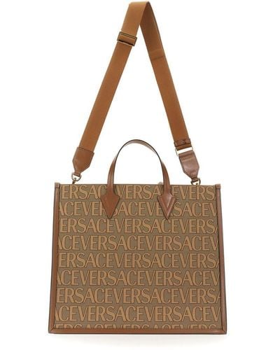 Versace Shopper Bag With Allover Logo - Brown