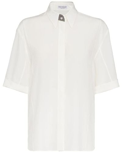 Brunello Cucinelli Short-Sleeve Silk Shirt - White