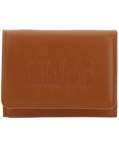 Chloé 'sense' Brown Bi-fold Wallet With Tonal Logo Embroidery In Leather Woman