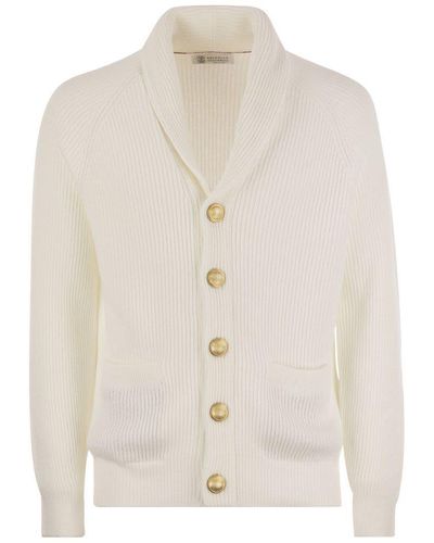 Brunello Cucinelli Pure Cotton Ribbed Cardigan With Metal Button Fastening - White