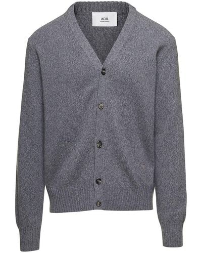 Ami Paris Cashmere And Wool Cardigan - Grey