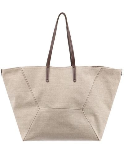 Brunello Cucinelli Cotton And Linen Shoulder Bag With Iconic Jewel Details - Natural