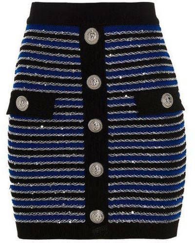Balmain Sequin Stripe Knit Skirt - Blue
