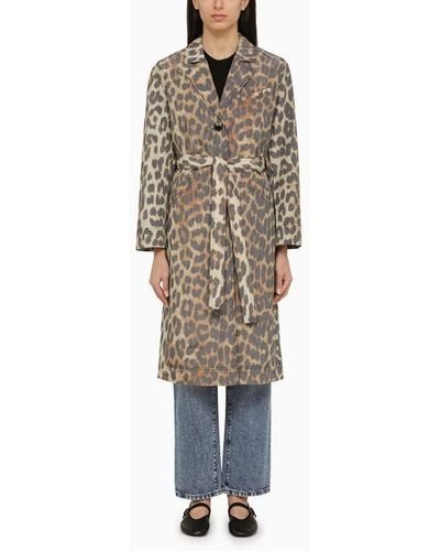 Ganni Leopard Print Single-Breasted Coat - Brown