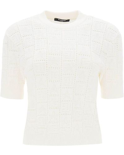Balmain Short-sleeved Top In Monogram Knit - White