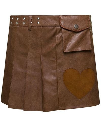 ANDERSSON BELL 'arina' Brown Pleated Mini Skirt With Heart And Patch Pocket Detail In Faux Leather Woman