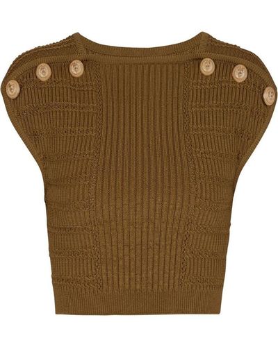 Balmain Knitted Button-detail Cropped Top - Brown