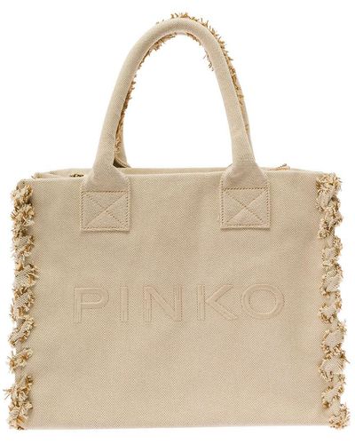 Pinko 'Beach' Tote Bag With Logo Lettering Embroidery - Natural