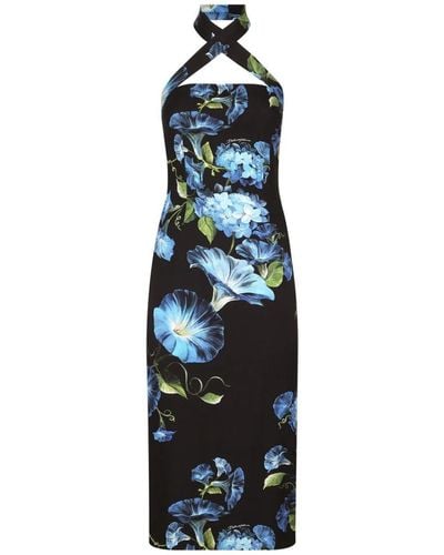 Dolce & Gabbana Printed Silk Midi Dress - Blue