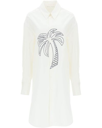 Palm Angels Shirt Dress With Palm Embroidery - White