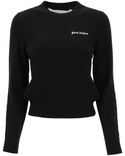 Palm Angels Cropped Jumper With Logo Embroidery - Black