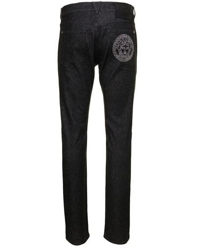 Versace Black Straight Jeans With Studded Medusa In Stretch Cotton Denim Man