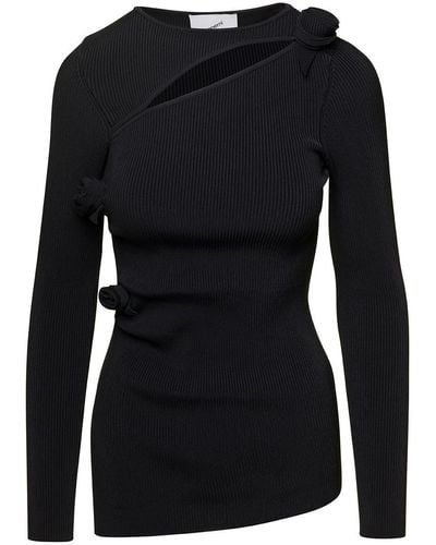 Coperni Black Ribbed Top With Cut-out And Rose Appliques In Stretch Viscose Woman
