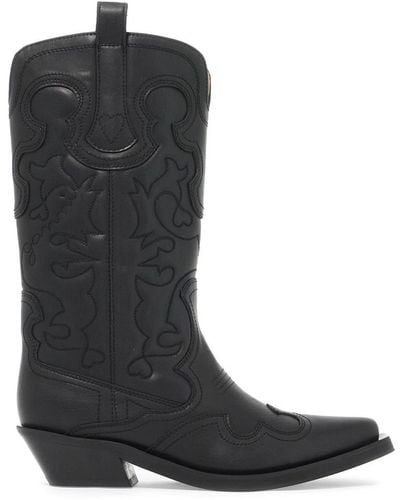 Ganni Embroidered Western Boots - Black