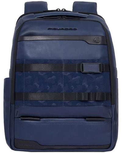 Piquadro 14" Medium Leather Laptop Backpack Bags - Blue