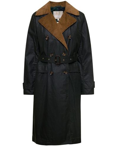 Barbour 'simone' Black Belted Trench Coat With Corduroy Revers In Waxed Cotton Woman