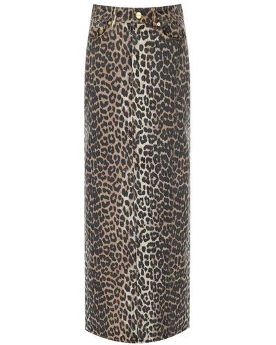 Ganni Long Denim Skirt With Leopard Print - Brown