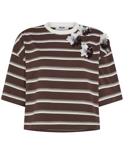 MSGM Cotton T-Shirt With Striped Print And Floral Appliques - Brown
