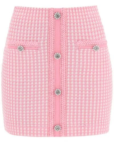 Self-Portrait Lurex Knitted Mini Skirt With Diamanté Buttons - Pink