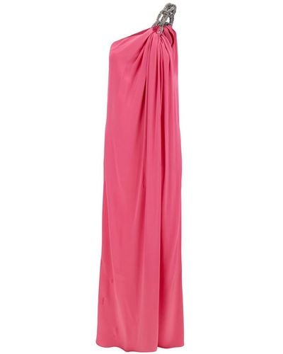 Stella McCartney Pink One-shoulder Maxi Dress With Crystal Chain In Double Satin Woman