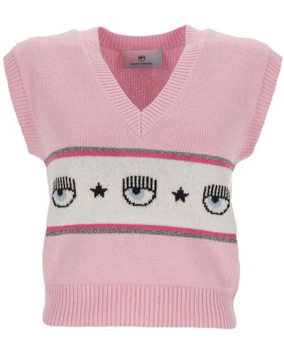 Chiara Ferragni Eyelike Intarsia-Knit V-Neck Vest - Pink