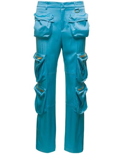 Blumarine Cargo Trousers With Macro Patch Pockets In Satin - Blue
