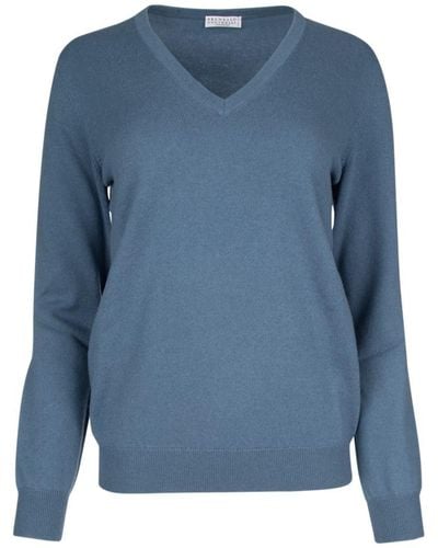 Brunello Cucinelli V-neck Knitted Sweater - Blue