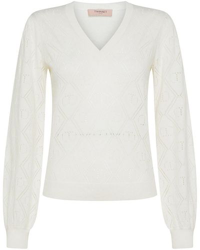 Twin Set Quilted Cotton And Cashmere Blend Sweater - White