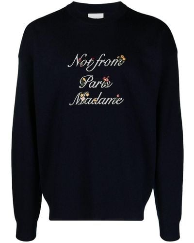 Drole de Monsieur Slogan-embroidered Merino-wool Sweater - Blue