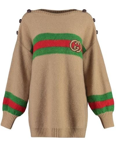 Gucci Striped Boat-neck Relaxed-fit Wool-blend Sweater - Brown
