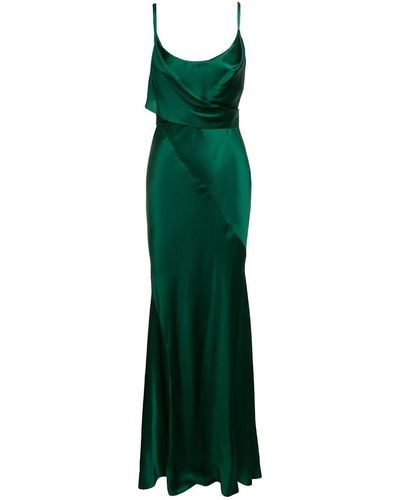 Alberta Ferretti Maxi Green Dress With Draped Neckline And Knot Detail In Silk Blend Woman