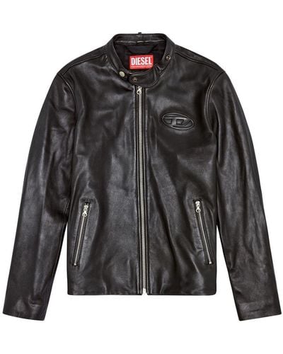 DIESEL Leather Biker Jacket With Distressed Logo - Black