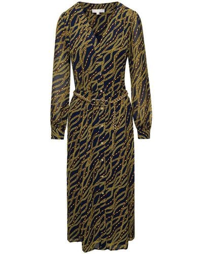 Michael Kors Black And Gold-tone Midi Shirt Dess With Chain Print All-over In Polyester Woman - Green