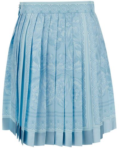Versace Mini Light Pleated Skirt With Tonal Barocco Print - Blue