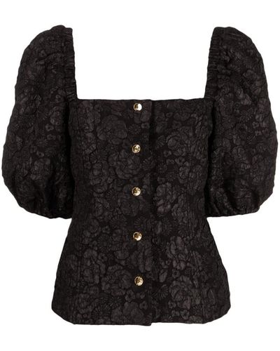 Ganni Floral-print Jacquard Fitted Blouse - Black