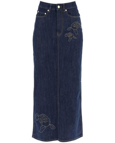 Ganni Maxi Denim Skirt With Embroidery - Blue