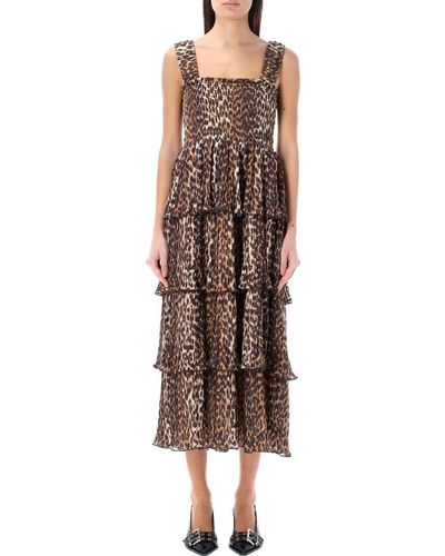 Ganni Leopard Flounce Long Dress - Brown