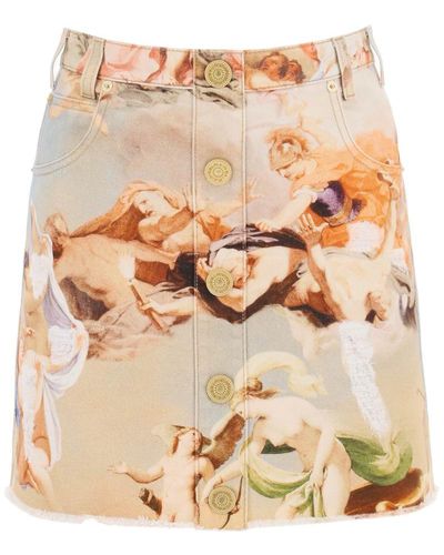 Balmain Denim Mini Skirt With 'sky' Print - Brown
