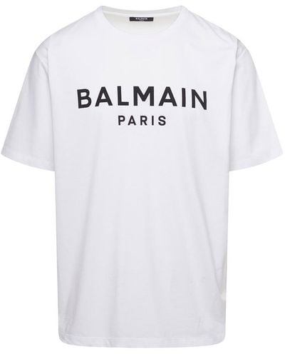 Balmain White Crewneck T-shirt With Contrasting Logo Lettering Print In Cotton Man