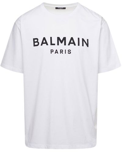 Balmain White Crewneck T-shirt With Contrasting Logo Lettering Print In Cotton Man