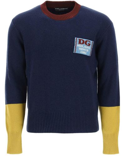 Dolce & Gabbana Wool Jumper With Logo Patch - Blue