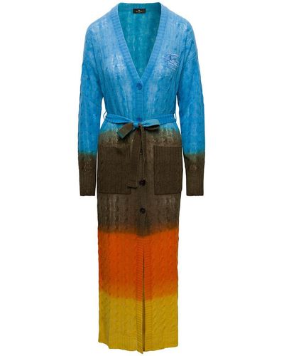 Etro Oversized Cable Knit Cardigan With Degradé Colour Shading In Wool - Blue